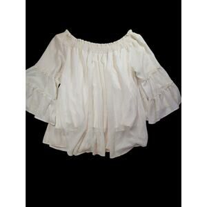 Kori America Off Shoulder Blouse Textured Polka Dot Sheer Cream Womens XL